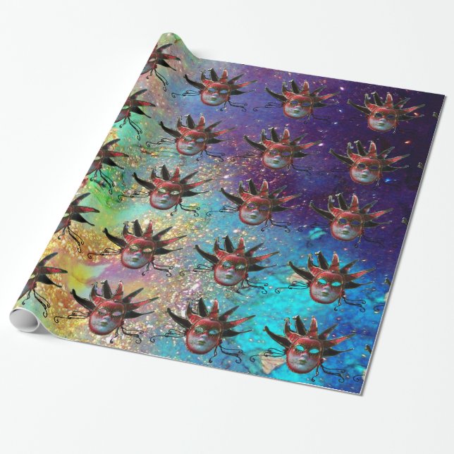 SCHWARZE ROTE JESTERMASKE ,Party-Maskerade Geschenkpapier (Ungerollt)