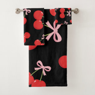 Schwarze Rote Kirschen Rosa Schleife Kokette Cotta Badhandtuch Set