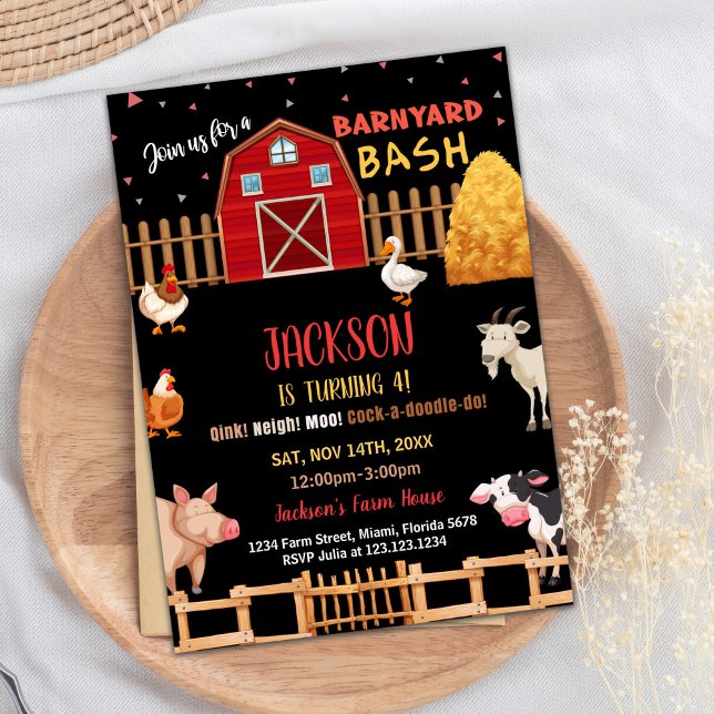 Schwarze rote Landtiere Einladungen zum Geburtstag (Black Red Farm Animals Birthday Invitations)