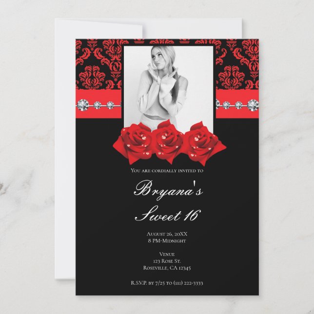 Schwarze Rote Rosen Damask Sweet 16 Foto Einladung (Vorderseite)