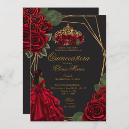 Schwarze Rote Rosen Goldene Prinzessin Quinceañera Einladung