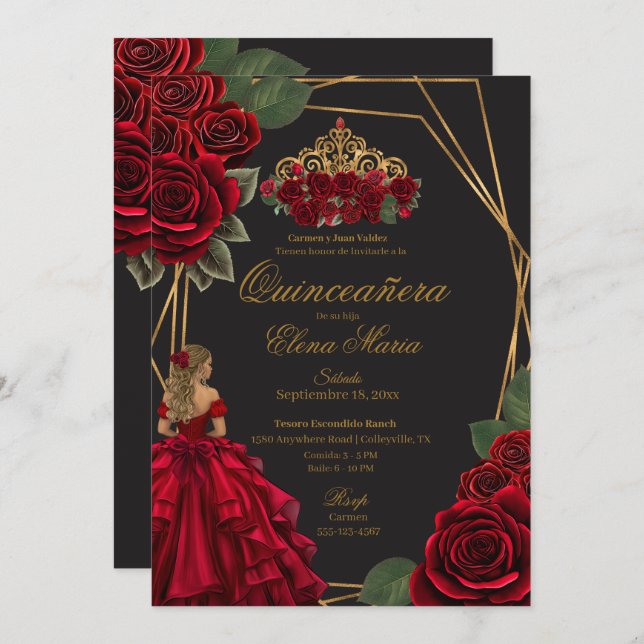 Schwarze Rote Rosen Goldene Prinzessin Quinceañera Einladung (Vorne/Hinten)
