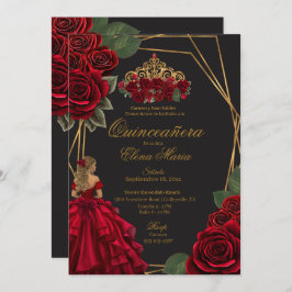 Schwarze Rote Rosen Goldene Prinzessin Quinceañera Einladung