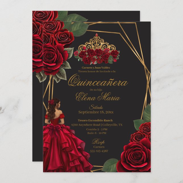 Schwarze Rote Rosen Goldene Prinzessin Quinceañera Einladung (Vorne/Hinten)