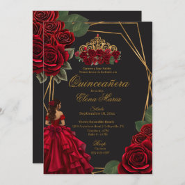 Schwarze Rote Rosen Goldene Prinzessin Quinceañera Einladung