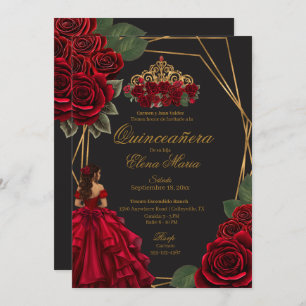 Schwarze Rote Rosen Goldene Prinzessin Quinceañera Einladung