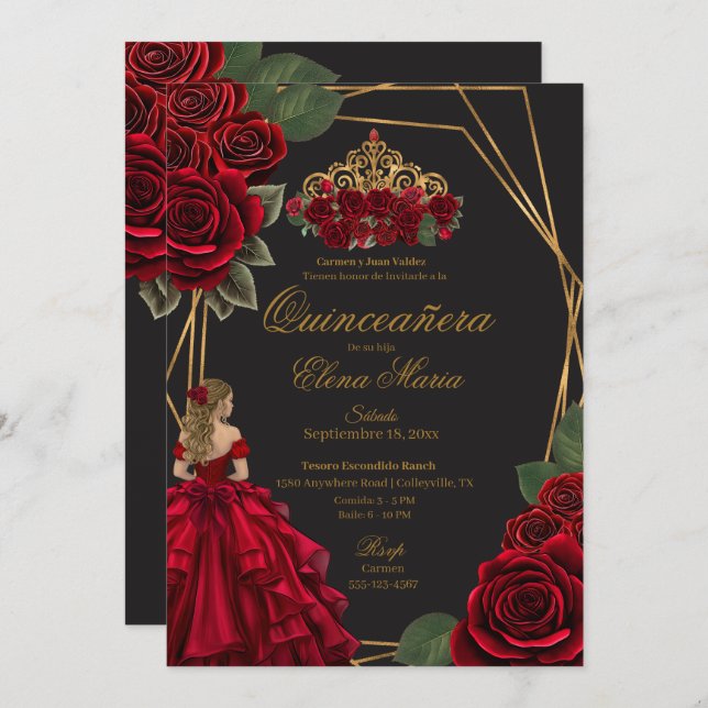 Schwarze Rote Rosen Goldene Prinzessin Quinceañera Einladung (Vorne/Hinten)