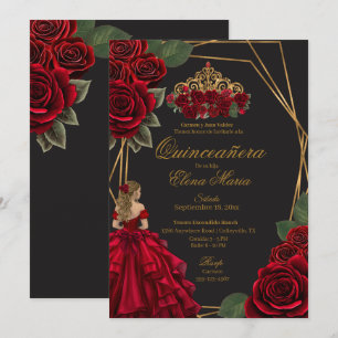 Schwarze Rote Rosen Goldene Prinzessin Quinceañera Einladung