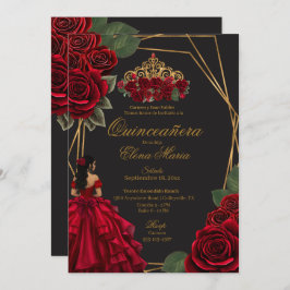 Schwarze Rote Rosen Goldene Prinzessin Quinceañera Einladung