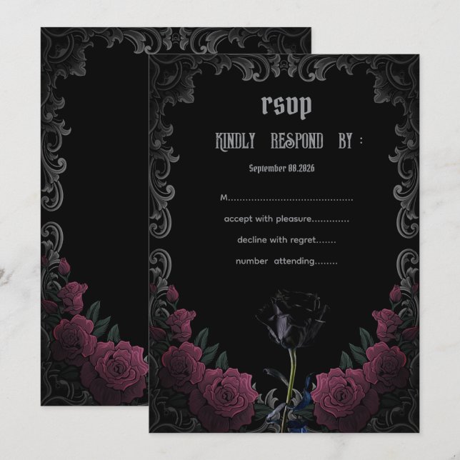 Schwarze rote Rosen Gothic RSVP Einladung (Vorne/Hinten)