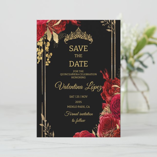Schwarze Rote Rosen Quinceañera Save the Date Einladung (Stehend Vorderseite)