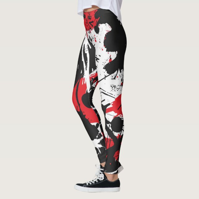Schwarze, rote, weiße abstrakte Kunst Leggings (Links)