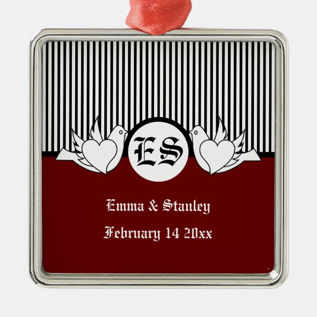 Schwarze, rote, weiße liebende Tauben-Initialen Silbernes Ornament (Vorne)