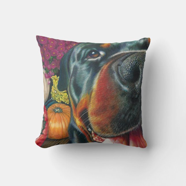 Schwarze Rottweiler Hundeherbst-Ernte-Kürbis-Kunst Kissen (Vorderseite)