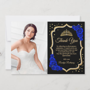 Schwarze Royal Blue Gold Quinceanera-Foto Dankeskarte