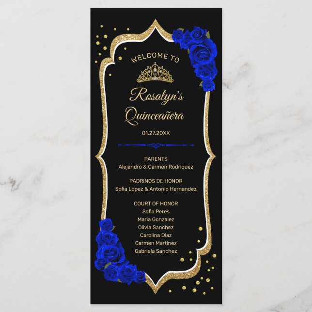 Schwarze Royal Blue Gold Quinceanera Programm (Vorderseite)
