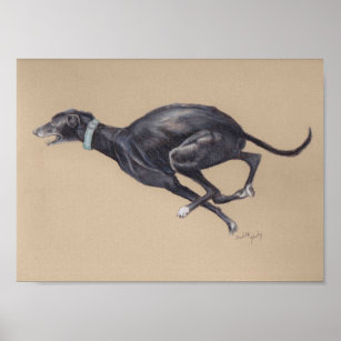 Schwarze Running Greyhound Hunde Kunst drucken Poster