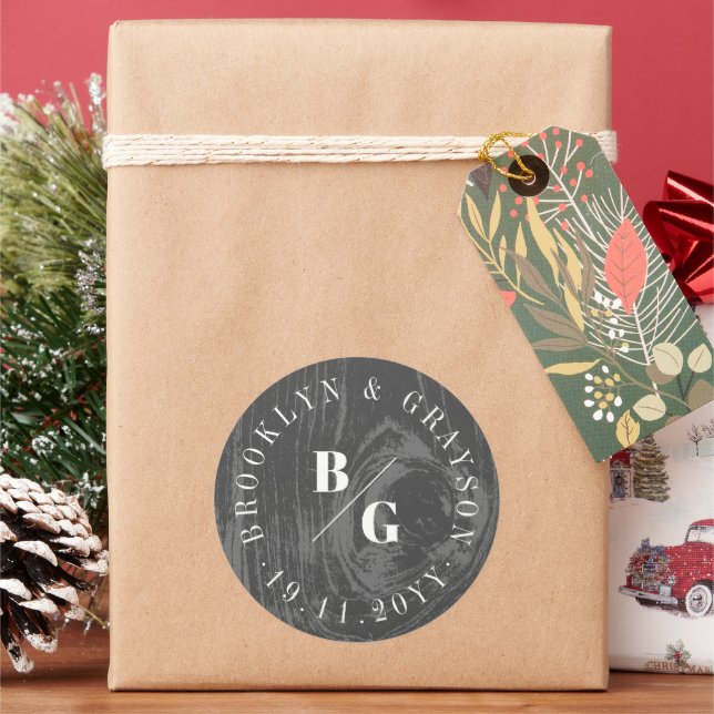 Schwarze Rustikale Holzkornstruktur Chic Winter We Runder Aufkleber (Feiertag)