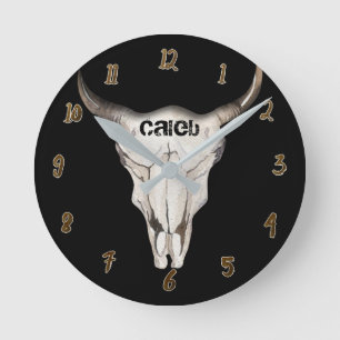 Schwarze Rustikale Kuh Stier Kopf Schädel Hörner M Runde Wanduhr