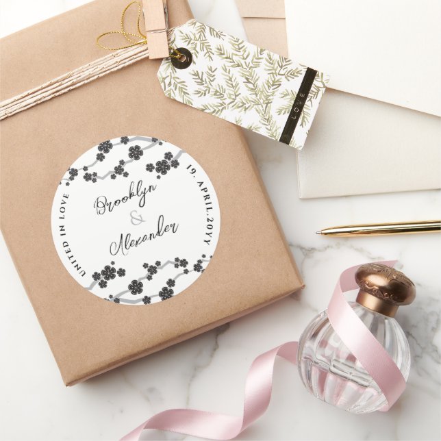 Schwarze Sakura Kirschblüten Moderne Hochzeit in A Runder Aufkleber (Schenken)
