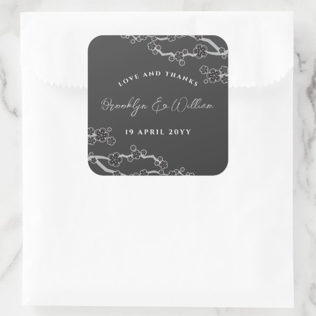 Schwarze Sakura Kirschblüten Stilvolle Asiatische  Quadratischer Aufkleber (Tasche)