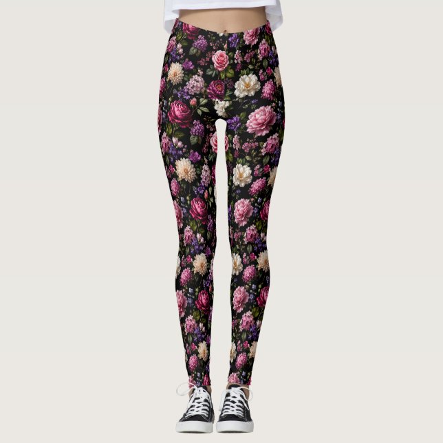 Schwarze Samt-Rose Leggings (Vorderseite)