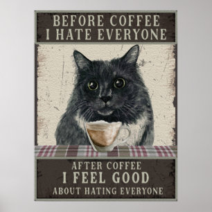 Schwarze sarkastische Katze und Kaffee Vintage-Kun Poster