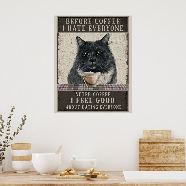 Schwarze sarkastische Katze und Kaffee Vintage Poster (Küche)