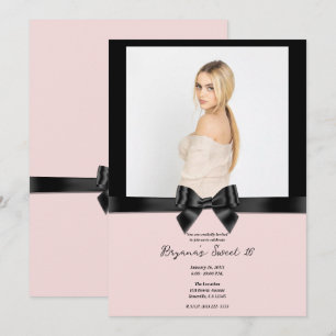 Schwarze Satin-Schleife Rosa Foto Sweet 16 Einladung
