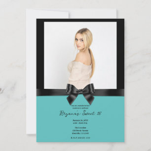 Schwarze Satinschleife Teal Türkis Foto Sweet 16 Einladung