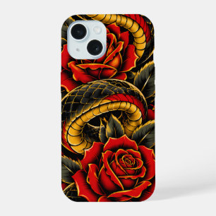 Schwarze Schlange & Rote Rosen   Gothische Blumen- iPhone 15 Hülle