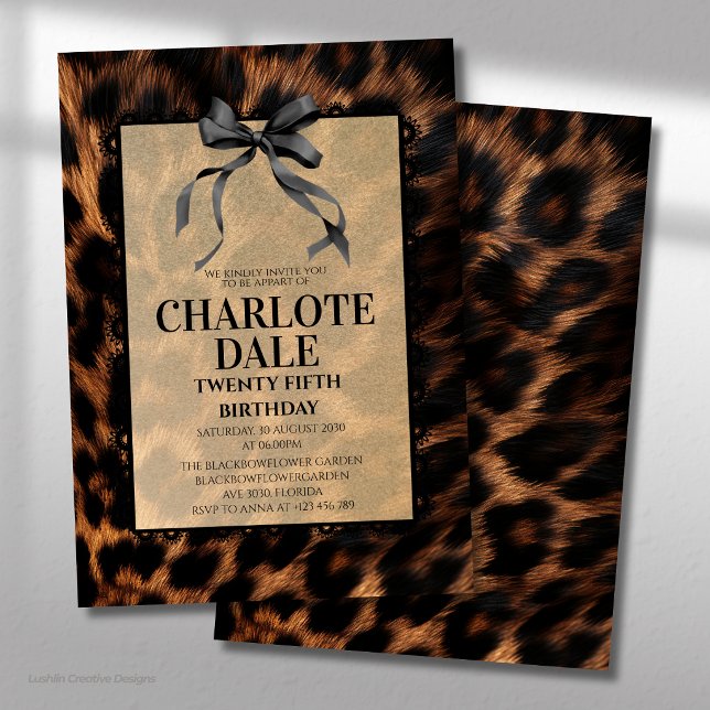 Schwarze Schleife Leopard Glam Geburtstagsfeier Einladung (Von Creator hochgeladen)