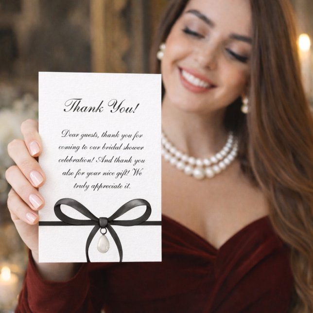 Schwarze Schleife mit Perle im Old-Money-Stil zur  Dankeskarte (Black Bow With Pearl Old Money Style Bridal Shower Thank You Card)