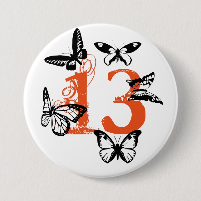 Schwarze Schmetterlinge auf Orange "13" Knopf Button (Vorderseite)
