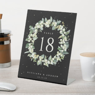 Schwarze Schneebeeren + Eukalyptus Hochzeitstisch Sockelschild
