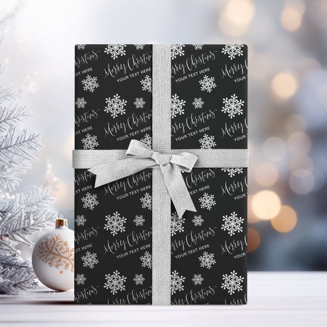 Schwarze Schneeflocken Frohe Weihnachtsschrift Cus Geschenkpapier (Black Snowflakes Merry Christmas Script Custom Wrapping Paper)