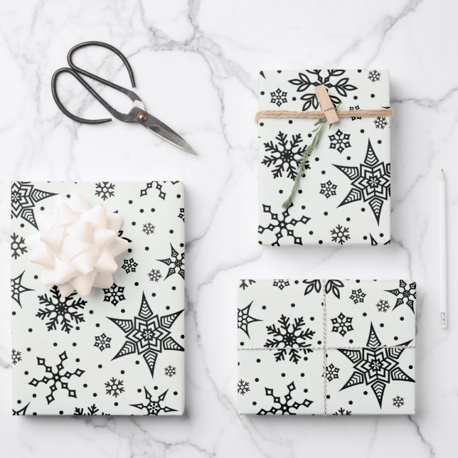 Schwarze Schneeflocken Weihnachtsmuster Wrapping P Geschenkpapier Set (Vorderseite)
