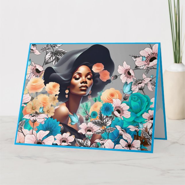 SCHWARZE SCHÖNHEIT FRAU GREYTONES BLUME SCHALTFLIE KARTE (Vorderseite)