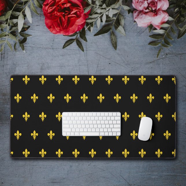Schwarze Schreibmatte mit goldener Lilie Schreibtischunterlage (Black Desk Mat with gold Fleur de Lis)