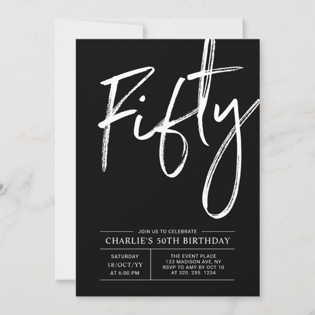 Schwarze Schrift 50 | Moderne 50. Geburtstagsparty Einladung (Vorderseite)