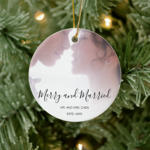 Schwarze Schrift Merry und Verheiratetes Foto neu  Keramik Ornament