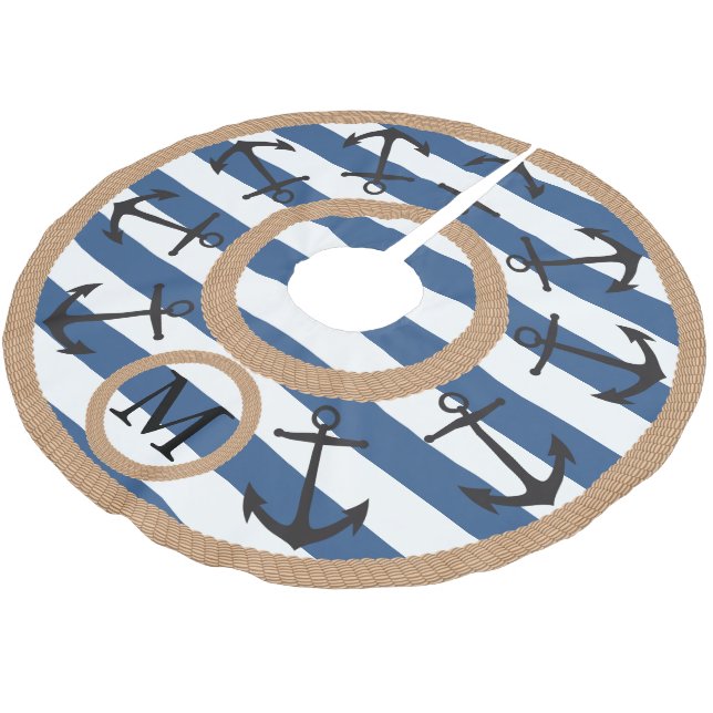 Schwarze Seeanker und Seil-gestreiftes Monogramm Polyester Weihnachtsbaumdecke (Schrägansicht)