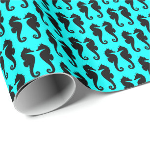 Schwarze Seepferdchen auf Aqua Blau Geschenkpapier