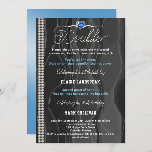 Schwarze Seide, Perlen & Blauer Erwachsener Geburt Einladung (Vorne/Hinten)