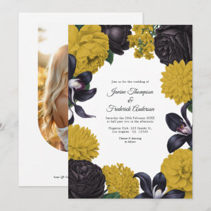 Schwarze & Senf Foto/QR-Code Florale Hochzeit Einladung