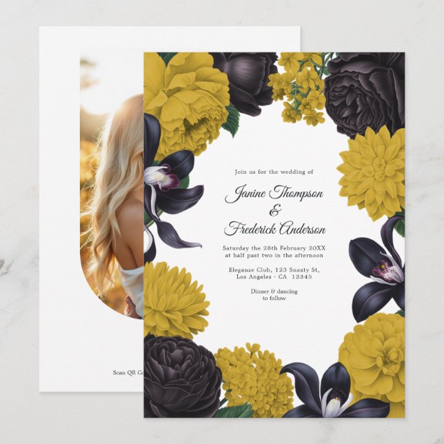 Schwarze & Senf Foto/QR-Code Florale Hochzeit Einladung (Vorne/Hinten)