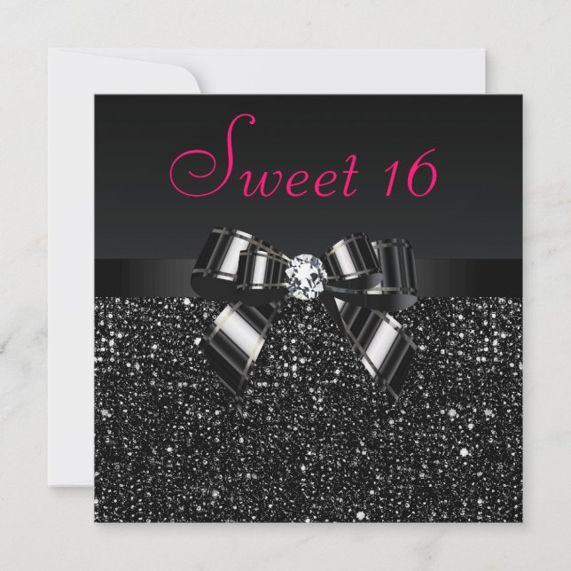 Schwarze Sequenzen, Bow & Diamond Pink Sweet 16 Einladung (Vorderseite)