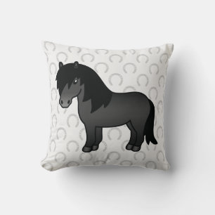 Schwarze Shetland-Pony-Cartoon-Illustration Kissen