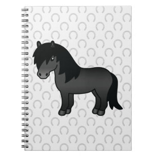 Schwarze Shetlandpony-Cartoonzeichnung und Hufeise Notizblock