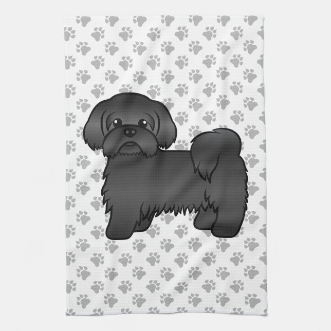 Schwarze Shih Tzu Niedlicher Cartoon Dog Illustrat Geschirrtuch (Vertikal)